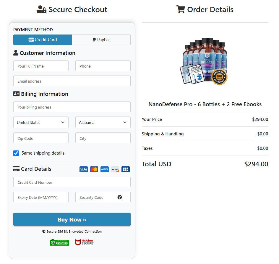 NanoDefense Pro Secure Order Page